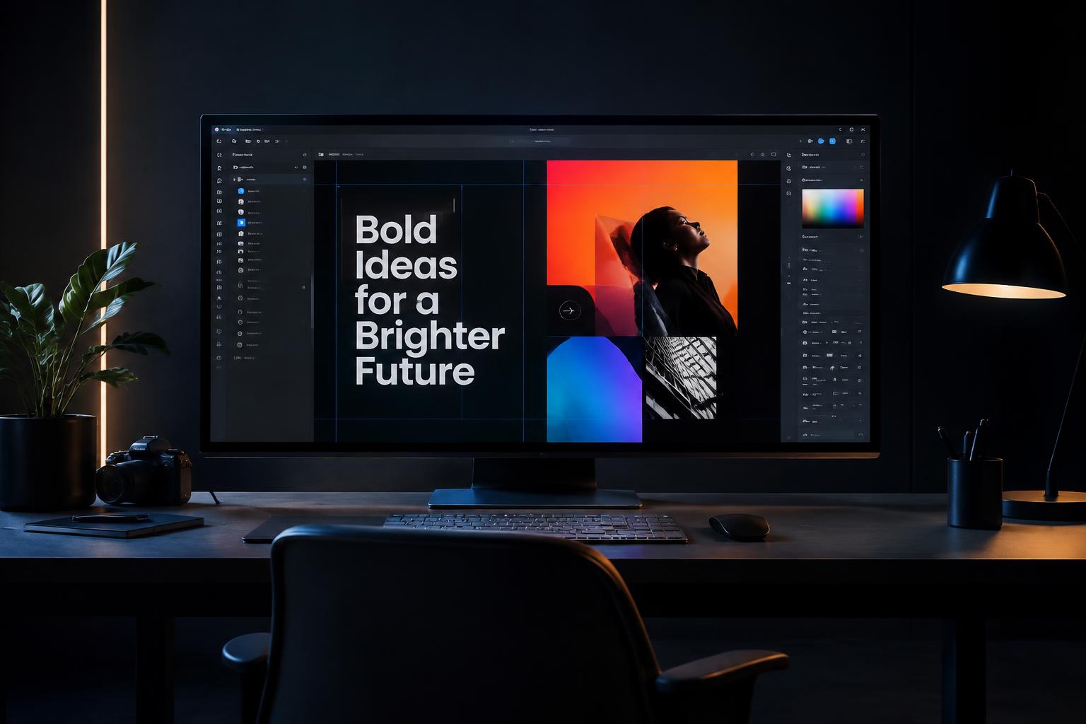 Groot scherm met een modern websiteontwerp in een designtool