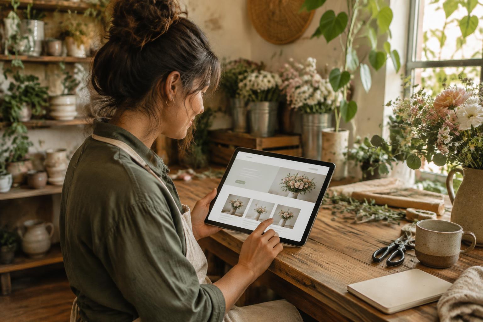 Ondernemer in haar bloemenatelier bekijkt haar website op een tablet